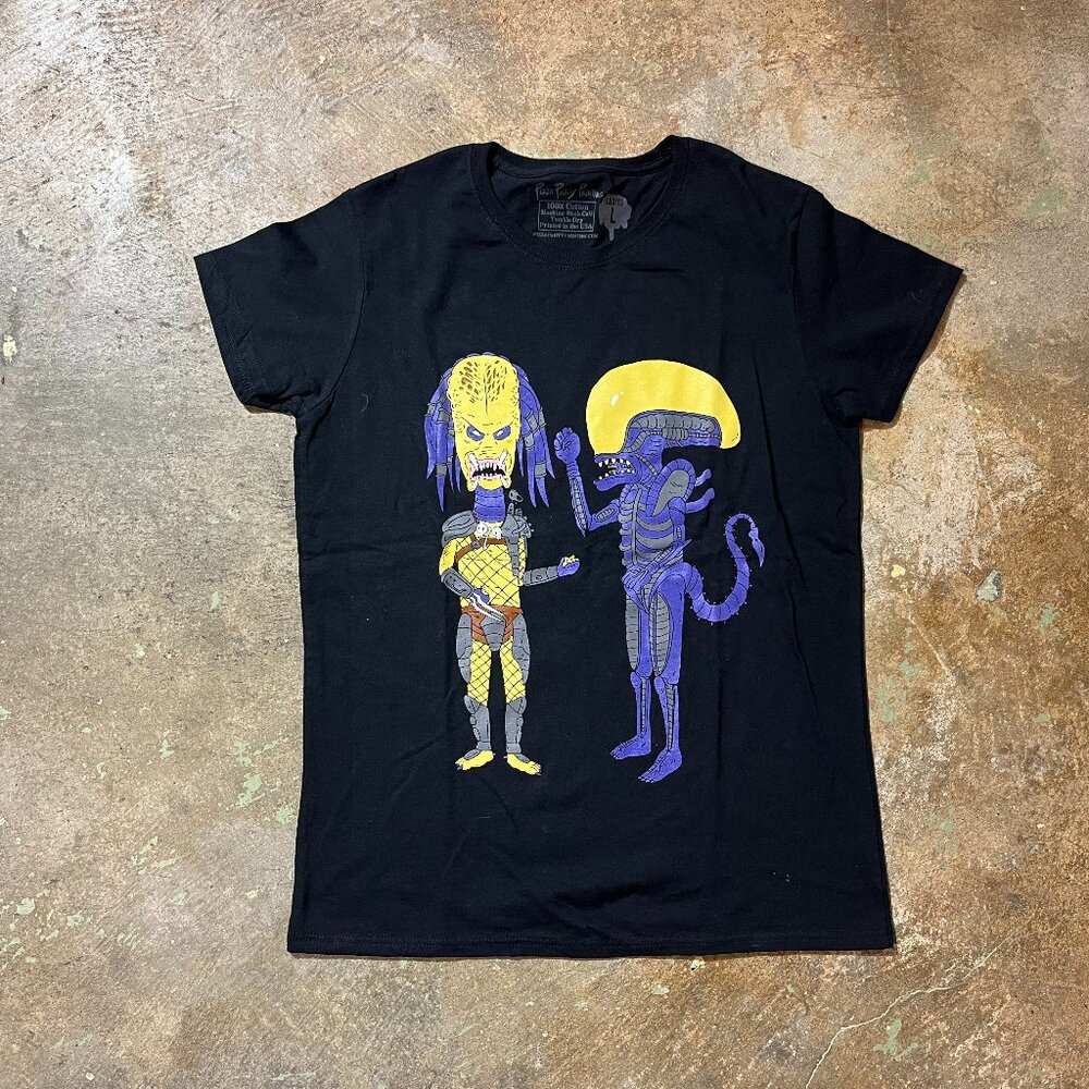 Black Beavis and Butthead as Alien and Predator T-Shirt Pizza Party Printing Art